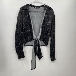 Zara Polka Dot Tie Front Blouse Top Long Sleeve‎ Black White Women's Large